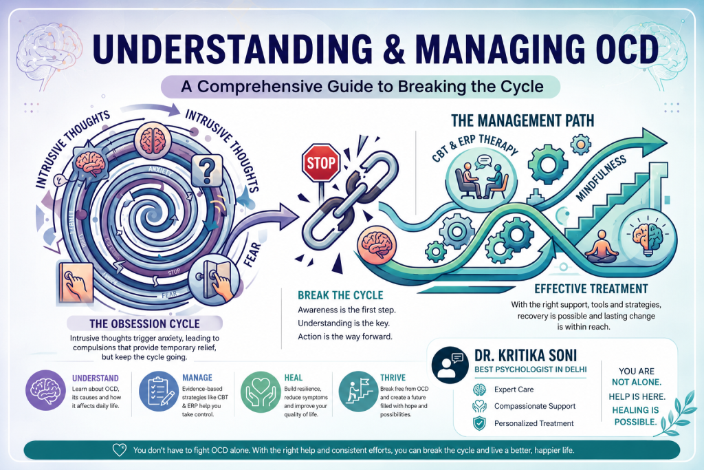 An infographic illustrating the cycle of Obsessive-Compulsive Disorder (OCD), showing intrusive thoughts leading to anxiety and compulsions, which is then broken by a 'Stop' sign and a chain link leading to a 'Management Path' featuring CBT, ERP therapy, and mindfulness. The graphic includes the text 'Understanding & Managing OCD' and a professional endorsement box for 'Dr. Kritika Soni, Best Psychologist in Delhi