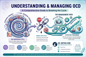 An infographic illustrating the cycle of Obsessive-Compulsive Disorder (OCD), showing intrusive thoughts leading to anxiety and compulsions, which is then broken by a 'Stop' sign and a chain link leading to a 'Management Path' featuring CBT, ERP therapy, and mindfulness. The graphic includes the text 'Understanding & Managing OCD' and a professional endorsement box for 'Dr. Kritika Soni, Best Psychologist in Delhi