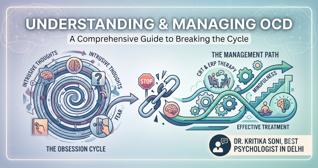 An infographic illustrating the cycle of Obsessive-Compulsive Disorder (OCD), showing intrusive thoughts leading to anxiety and compulsions, which is then broken by a 'Stop' sign and a chain link leading to a 'Management Path' featuring CBT, ERP therapy, and mindfulness. The graphic includes the text 'Understanding & Managing OCD' and a professional endorsement box for 'Dr. Kritika Soni, Best Psychologist in Delhi