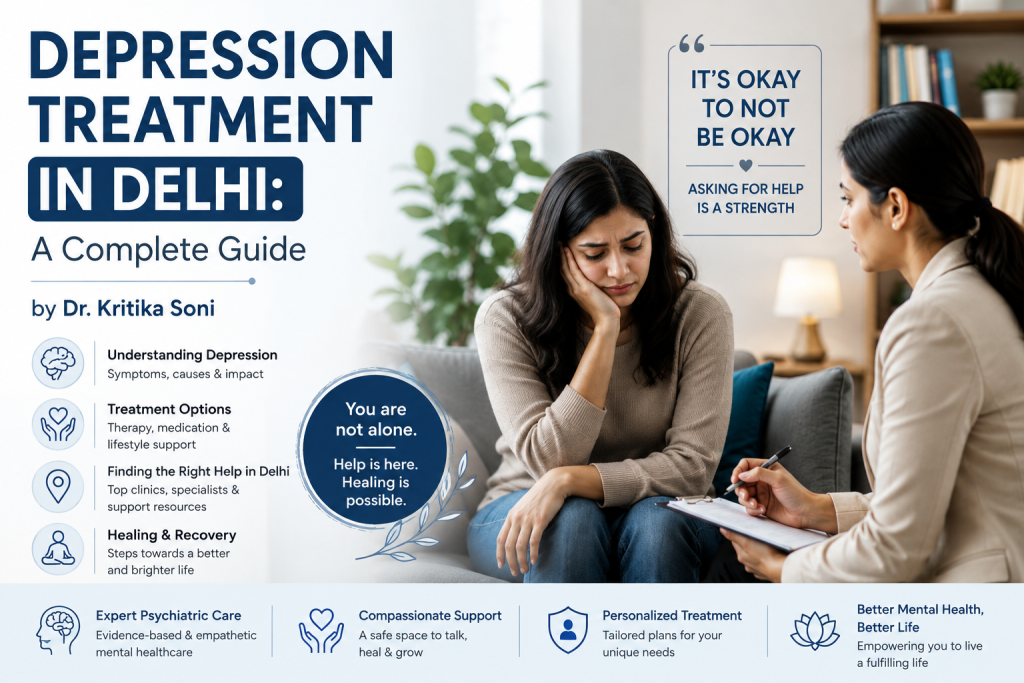 Depression treatment in Delhi guide by Dr. Kritika Soni showing a therapy session and mental health support