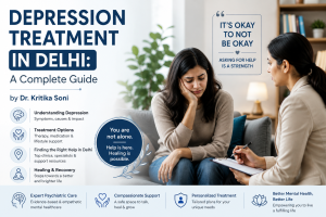 Depression treatment in Delhi guide by Dr. Kritika Soni showing a therapy session and mental health support