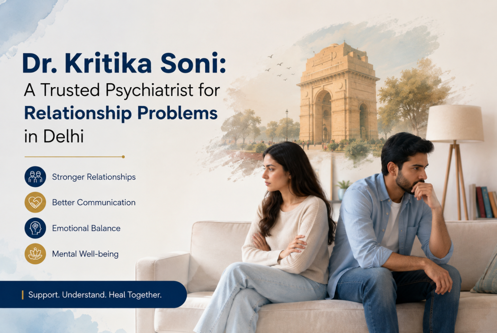 Promotional banner for Dr. Kritika Soni, a trusted psychiatrist for relationship problems in Delhi, featuring a couple sitting apart on a couch and an illustration of India Gate.