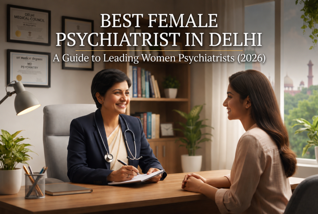 A professional female psychiatrist with a stethoscope around her neck smiling warmly while taking notes during a consultation with a patient in a bright, modern Delhi clinic.