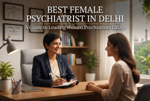 A professional female psychiatrist with a stethoscope around her neck smiling warmly while taking notes during a consultation with a patient in a bright, modern Delhi clinic.